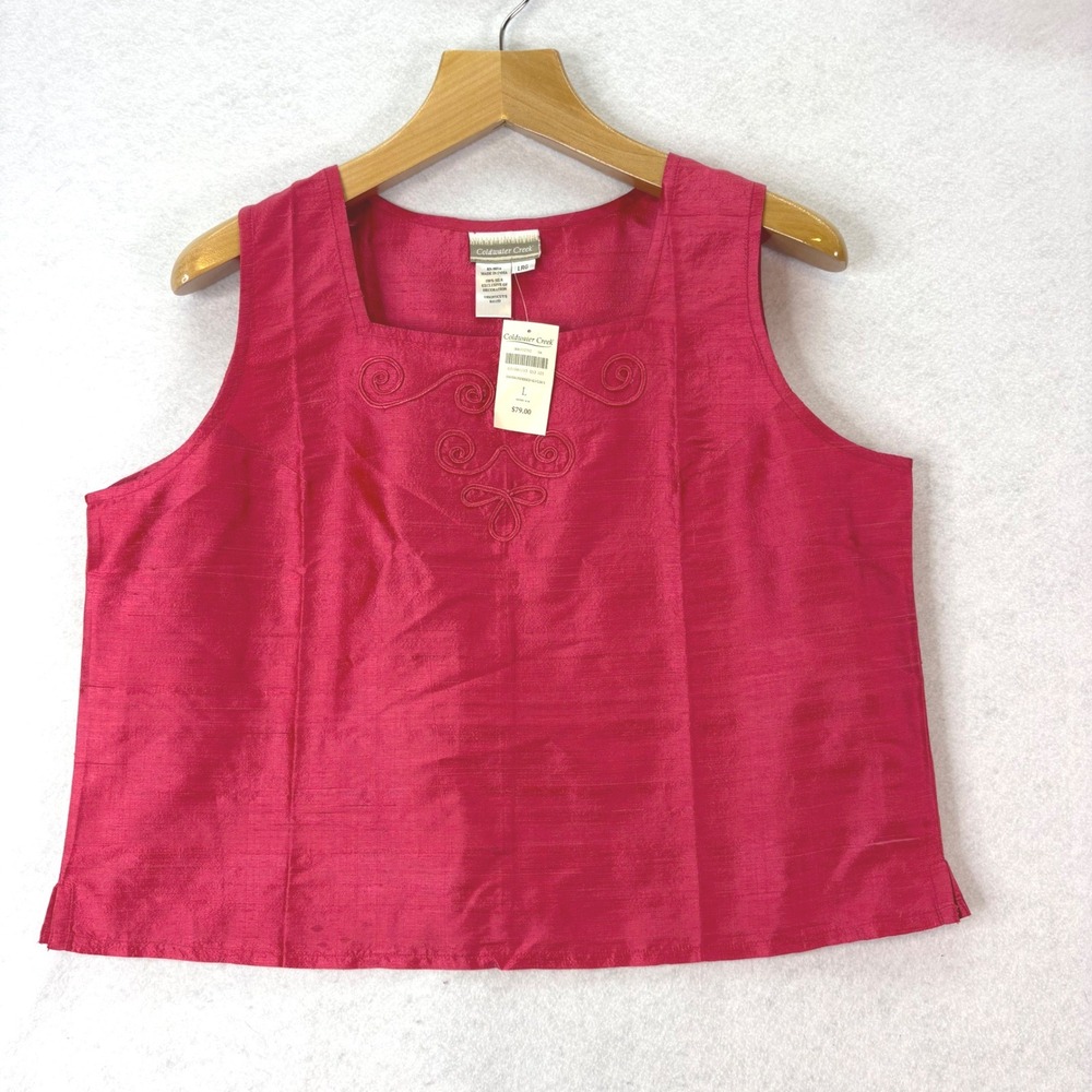 Coldwater Creek Silk Taffeta Embroidered Pink Tank Top Women L Boho Luxury